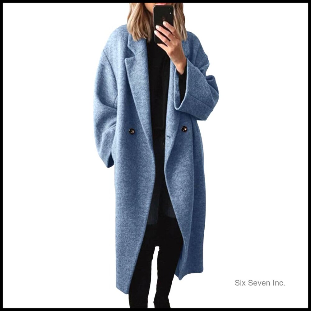 Women's Wool Blend Double Breasted Trench Coat Long Sleeve Overcoat